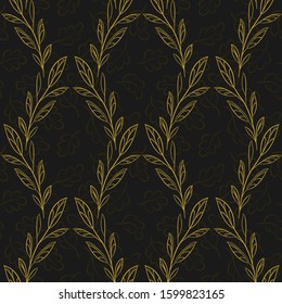 Vector Seamless Pattern With Golden Outline Branches And Leaves; Black Backgroud; Abstract Floral Design For Fabric, Wallpaper, Wrapping Paper, Textile, Web Design.