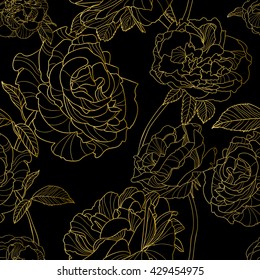 Vector seamless pattern. Golden outline rose flowers on black background for fabric design, textile print, wrapping paper or web backgrounds.