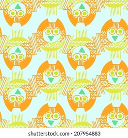 Vector Seamless Pattern with golden owls on Black Background. Hand drawn