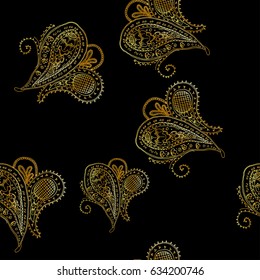 Vector seamless pattern with golden paisley on black solid background.