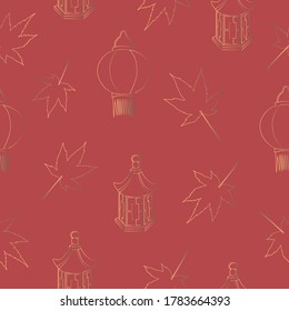Vector seamless pattern with golden paper lanterns and maple leaves. Red background