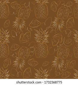 Vector seamless pattern with golden pineappels on a chocolate background. Abstract seamless pattern for wrapping paper design. Natural luxury texture.