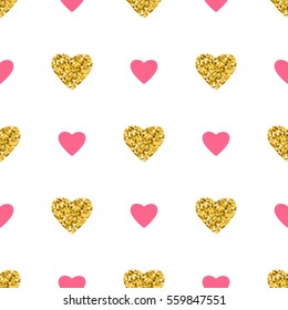 Vector seamless pattern with golden and pink hearts
