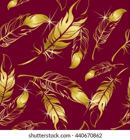 Vector seamless pattern of golden shiny feathers on a burgundy background