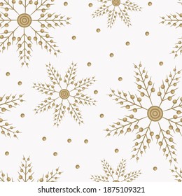 Vector seamless pattern with golden snowflakes. Elegant Christmas and New Year background. Doodle style painting, hand drawn elements. White and gold color. Repeat design for decor, print, wallpapers