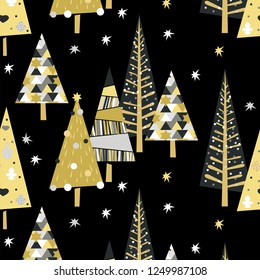 Vector seamless pattern with golden spruce trees and stars in design illustration