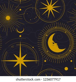 Vector seamless pattern. Golden stars, planets, moon on dark background