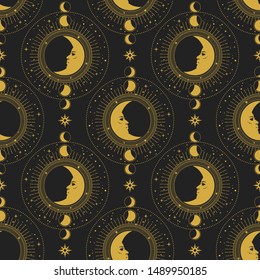 Vector seamless pattern. Golden stars and moon with human face on dark background