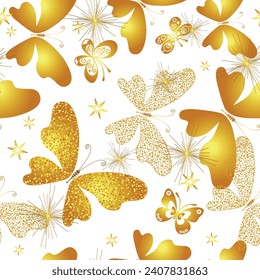 Patrón vectorial sin fisuras con mariposas doradas estilizadas que estrellas en un fondo transparente	
