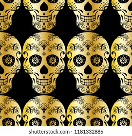 Vector seamless pattern of golden sugar skull with doodle floral elements on black background. Background for Mexican Day of the Dead