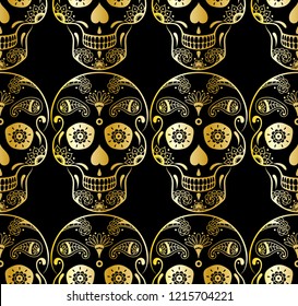 Vector seamless pattern of golden sugar skull with doodle floral elements on black background. Background for Mexican Day of the Dead
