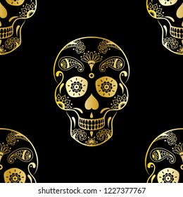 Vector seamless pattern of golden sugar skull with doodle floral elements on black background. Background for Mexican Day of the Dead