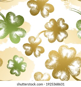 Vector seamless pattern with golden three-leafed and four-leafed vintage clovers and brush stroke. Silhouette of plant leaves. Artwork for the design of festive products for St. Patrick's Day. 
