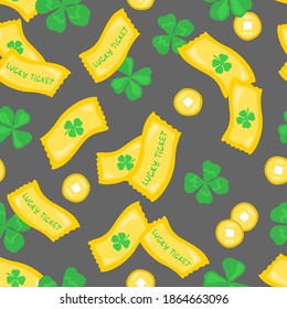 Vector seamless pattern of golden tickets, coins and four leaf clovers. Luck symbols background for prints and designs.