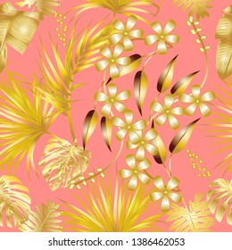 Vector seamless pattern with golden tropical leaves on red background. Exotic botanical design, hawaiian style shirt.