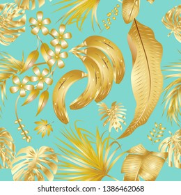 Vector seamless pattern with golden tropical leaves on tiffany blue background. Exotic botanical design, hawaiian style shirt.