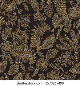 Vector seamless pattern from golden tropical flower and fantasy cockatoo parrot contour on a black background. Floral Indian print, Wallpaper, wrapping paper, gold textile print, batik 