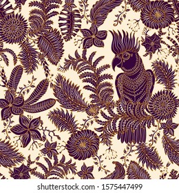 Vector seamless pattern from golden tropical flower and fantasy cockatoo parrot contour dark silhouette on beige background. Floral Indian print, Wallpaper, wrapping paper, gold textile print, batik