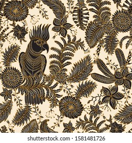 Vector seamless pattern from golden tropical flower and fantasy cockatoo parrot contour dark silhouette on beige background. Floral Indian print, Wallpaper, wrapping paper, gold textile print, batik