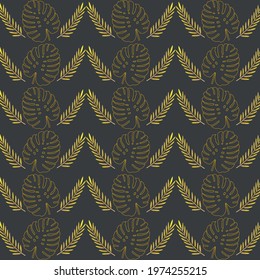 Vector seamless pattern with golden tropical monstera and palm leaves on a dark background.