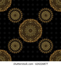 Vector seamless pattern with golden vintage design in Eastern style. Traditional arabic ornament with golden elements on black backdrop. Ornamental lace tracery. Ornate golden decor for fabric.