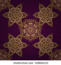 Vector seamless pattern with golden vintage design in Eastern style. Traditional arabic ornament with golden elements on purple backdrop. Ornamental lace tracery. Ornate golden decor for fabric.