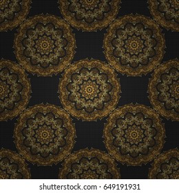 Vector seamless pattern with golden vintage design in Eastern style. Ornate golden decor for fabric. Traditional arabic ornament with golden elements on black backdrop. Ornamental lace tracery.