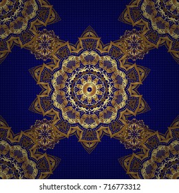 Vector seamless pattern with golden vintage design in Eastern style. Ornamental lace tracery. Ornate golden decor for fabric. Traditional arabic ornament with golden elements on blue backdrop.