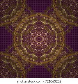 Vector seamless pattern with golden vintage design in Eastern style. Traditional arabic ornament with golden elements on purple backdrop. Ornamental lace tracery. Ornate golden decor for fabric.