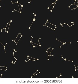 Vector Seamless Pattern With Golden Zodiak Signs. Stylized Flat Constellation On Black Background.