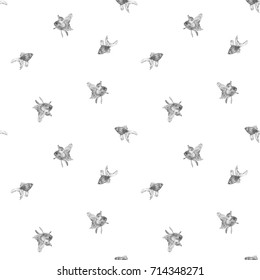 Vector seamless pattern with goldfish isolated on white background drawn by hand. Graphic drawing, pointillism technique. Underwater world. Black and white animal illustration