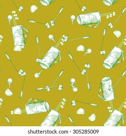Vector seamless pattern. Pattern with golf elements background. Golf - seamless background. Background for use in design, web, packing, textile. golf, clubs, ball, bag