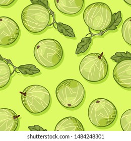 Vector Seamless Pattern of Gooseberries on Green Background