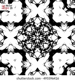 Vector seamless pattern in gothic style with floral elements. Black and white colors. Monochrome design.