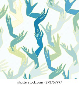 Vector seamless pattern of graceful female hands intertwined yellow green and blue colors