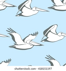 Vector seamless pattern with graceful flying pelicans.  Beautiful design elements, perfect for prints and patterns.