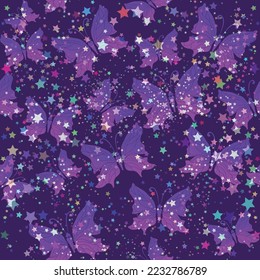 Vector seamless pattern with gradient butterflies and stars. vector image