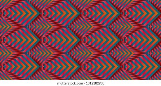 Vector seamless pattern with gradient color lines. Effect of optical illusion. Multicolored scales of striped hexagons and rhombuses. Op art kinetic background.