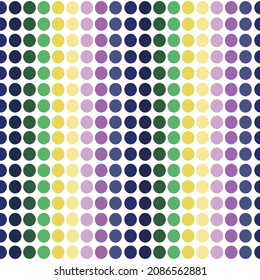 Vector seamless pattern with gradient (green, yellow, blue, purple) polka dots on a white background. Ornament for template, textiles, surfaces, packaging.