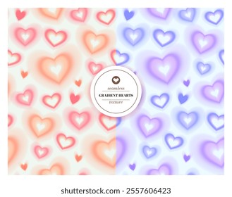 Vector seamless pattern, gradient heart shapes on light background, two color variations, pink and blue. Cute romantic y2k background, valentines day decoration, wallpaper, print, packaging, fabric.