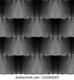 Vector seamless pattern of gradient monochrome wavy stripes. Op art volumetric texture for wallpaper design.