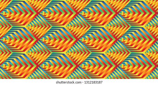 Vector seamless pattern with gradient rainbow color lines. Multicolored scales of striped hexagons and rhombuses. Op art background. Retro decorative texture.