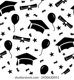 Vector seamless pattern for graduation, education background with silhouettes of graduate cap, diploma scroll, stars and balloons. 