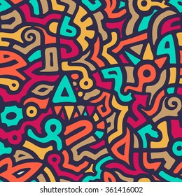 Vector Seamless Pattern with Graffiti Curve Shapes. Mix of Colorful Shapes. Modern Art Background