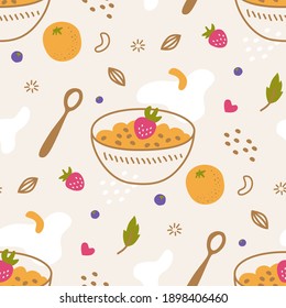 Vector seamless pattern with granola, orange and nuts in natural shades. Healthy breakfast concept. Suitable for merchandising, cafe decoration and menu design.