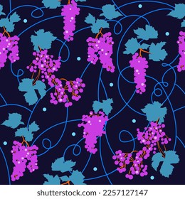 Vector seamless pattern with grape. Grape background.  Purple grapes illustration. Wine bottle label.