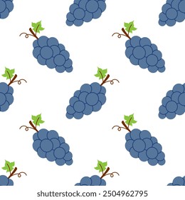 Vector seamless pattern with grape branches. Summer tropical berries on a white background. Wine or juice wrapping design. Cute exotic summer food. Baby, kids, childish print with vine and grape.