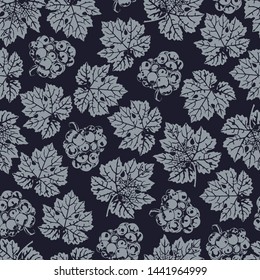 Vector seamless pattern of grape and leaves scattered random. Wineyard retro wallpaper. Garden background of Grape vine on navy blue.