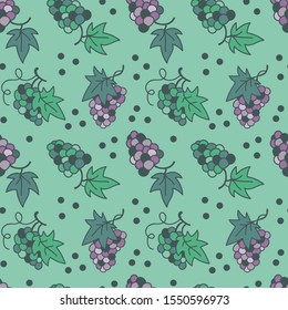 Vector seamless pattern with grapes branches on a green background. 
