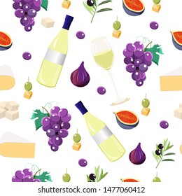 Vector seamless pattern of grapes, cheese, tomato, chili on a withe background. Used for logo design, recipe book, advertising,menu.